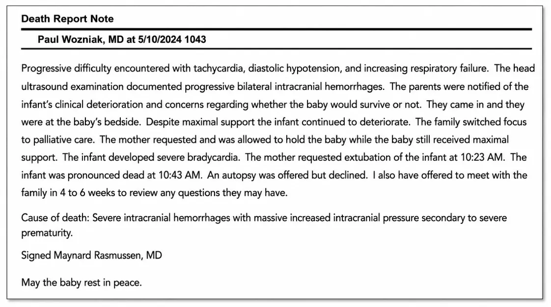 Report of death for baby samuel