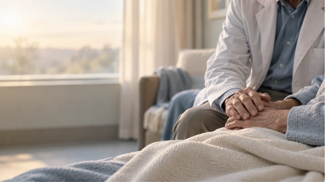 Compassionate caregiver gently holding the hand of an elderly patient