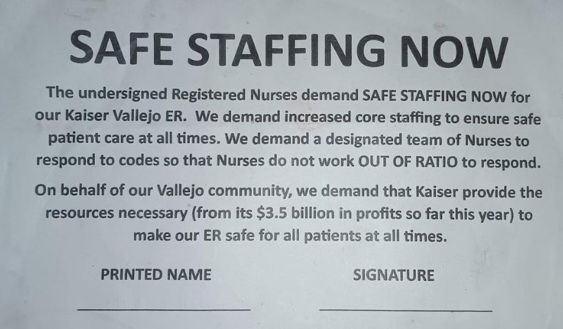 Kaiser Vallejo Nurses Petition for Legally Compliant Staffing Safe-Staffing Petition Signed Days Before the Fatality