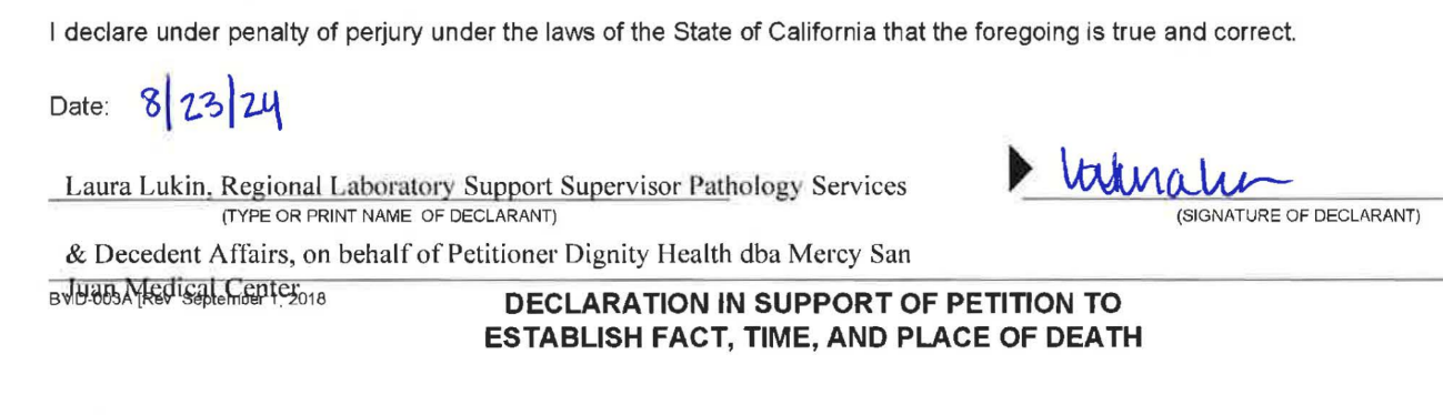 Declaration in support of petition to establish fact, time, and place of death