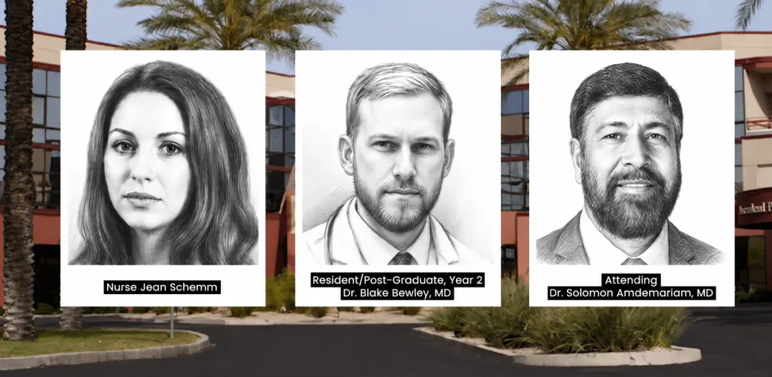 Portraits of Nurse Jean Schemm, Dr. Blake Bewley, and Dr. Solomon Amdemariam