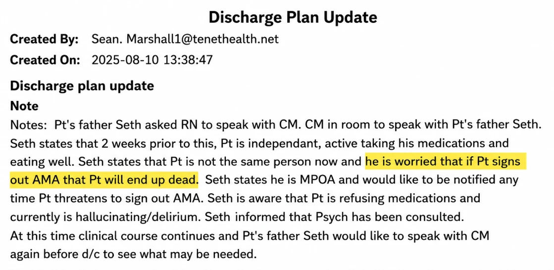 Hospital discharge plan update noting concerns about Kaelen Lachica's discharge