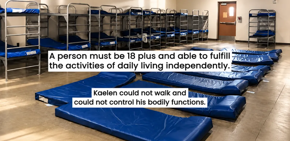 Homeless shelter dormitory with admission requirements shown on screen